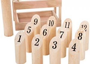 Wooden Molkky Throwing Game-Complete Set, 12 Numbered Pins, Throwing Dowel, Carrying Crate-Outdoor Lawn Games For Adults and Kids