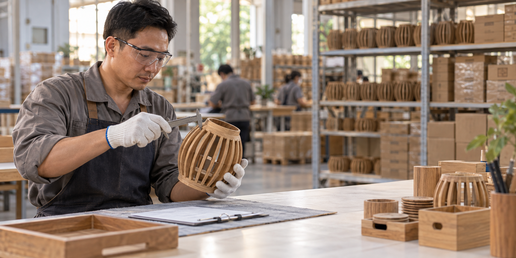 Quality-control inspector measuring a finished wooden decorative product in the Sinomat factory