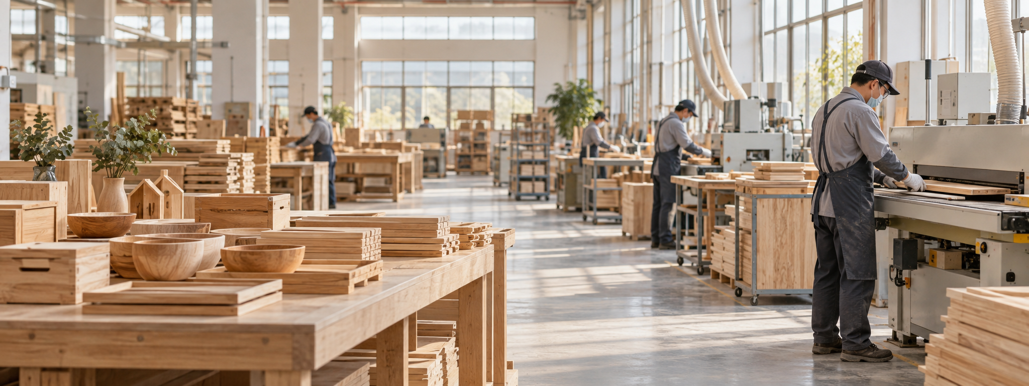 Woodworking production team manufacturing wooden home décor products in a modern factory